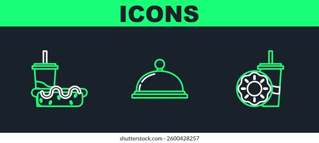 Set line Paper glass with drinking straw and donut, hotdog and Covered tray of food icon. Vector