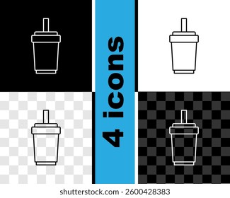 Set line Paper glass with drinking straw and water icon isolated on black and white, transparent background. Soda drink glass. Fresh cold beverage symbol.  Vector