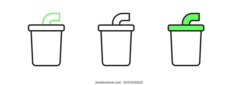 Set line Paper glass with drinking straw and water icon isolated on white background. Soda drink glass. Fresh cold beverage symbol.  Vector