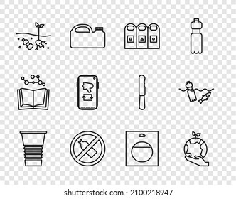 Set Line Paper Glass, Hand Holding Earth Globe, Trash Garbage Cans Sorted, No Plastic Bottle, Problem Of Pollution Planet, Megaphone Mobile, Battery Pack And The Ocean Icon. Vector