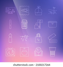 Set line Paper glass, Lunch box, Bottle of liquid soap, Stop plastic pollution, Disposable knife,  and Nature saving protest icon. Vector