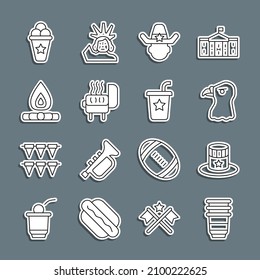 Set line Paper glass, Patriotic American top hat, Eagle head, Sheriff cowboy, Barbecue grill, Campfire, Ice cream in waffle cone and with straw icon. Vector