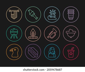 Set Line Paper Glass With Straw, Western Cowboy Hat, Statue Of Liberty, Campfire, Barbecue Grill, American Flag, Trumpet And Torch Flame Icon. Vector