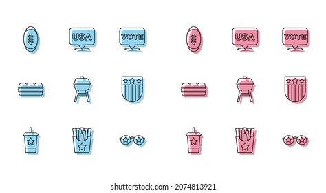Set line Paper glass with straw, Potatoes french fries in box, American Football ball, Glasses stars, Barbecue grill, Shield, Sandwich and USA Independence day icon. Vector