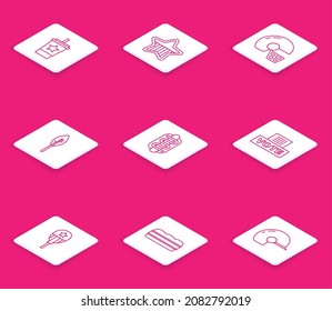Set line Paper glass with straw, USA Independence day, American football helmet, Indian feather, Hotdog sandwich, Vote box, Balloons and Sandwich icon. Vector