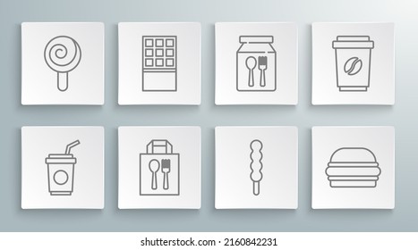 Set line Paper glass with straw, Chocolate bar, Online ordering and delivery, Lollipop, Burger, Coffee cup to go and  icon. Vector