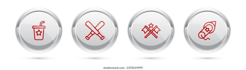 Set line Paper glass with straw, Crossed baseball bat, American flag and Firework. Silver circle button. Vector