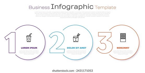 Set line Paper glass with straw, Asian noodles and chopsticks and Chocolate bar. Business infographic template. Vector