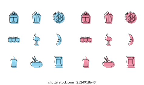 Set line Paper glass with straw, Rice in bowl chopstick, Noodles box, Bag or packet potato chips, Ice cream, Hotdog, Sushi and Popcorn icon. Vector