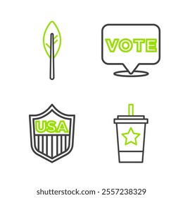 Set line Paper glass with straw, Shield stars, Vote and Indian feather icon. Vector