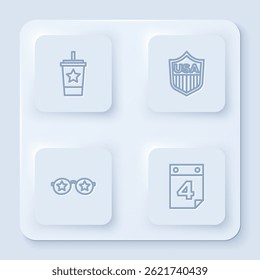 Set line Paper glass with straw, Shield stars, Glasses and Calendar date July 4. White square button. Vector