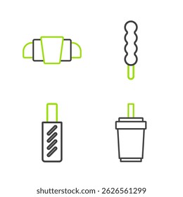 Set line Paper glass with straw, Hotdog sandwich, Lollipop and Croissant icon. Vector