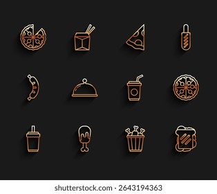 Set line Paper glass with straw, Chicken leg, Pizza, in package box, Sandwich, Covered tray,  and  icon. Vector