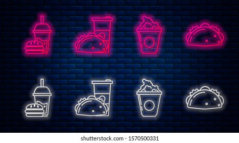 Set line Paper glass and taco with tortilla, Popcorn in cardboard box, Paper glass with drinking straw and burger and Taco with tortilla. Glowing neon icon on brick wall. Vector