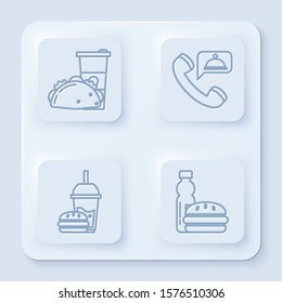 Set line Paper glass and taco with tortilla, Food ordering, Paper glass with drinking straw and burger and Bottle of water and burger. White square button. Vector