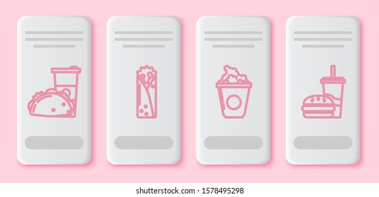 Set line Paper glass and taco with tortilla, Doner kebab, Popcorn in cardboard box and Paper glass with drinking straw and burger. White rectangle button. Vector