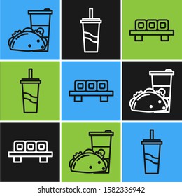 Set line Paper glass and taco with tortilla, Sushi on cutting board and Paper glass with drinking straw and water icon. Vector