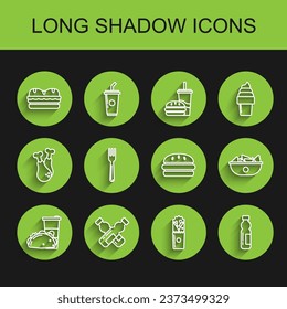 Set line Paper glass and taco with tortilla, Crossed bottle of water, Sandwich, Doner kebab, Bottle, Fork, Nachos in plate and Burger icon. Vector