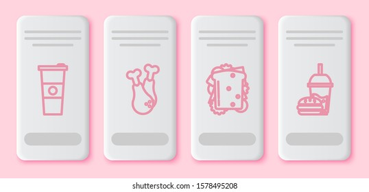 Set line Paper glass and water, Chicken leg, Sandwich and Paper glass with drinking straw and burger. White rectangle button. Vector