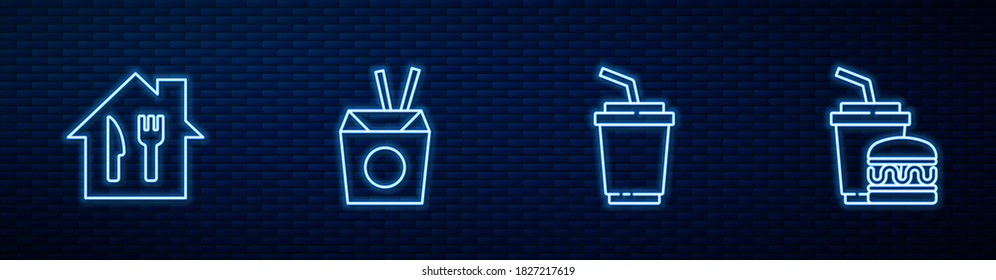 Set line Paper glass with water, Online ordering and delivery, Asian noodles chopsticks and burger. Glowing neon icon on brick wall. Vector