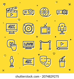 Set line Paper glass with water, Online play video, Director movie chair, Film reel, Stereo speaker, Screen tv 4k, Movie clapper and Retro icon. Vector