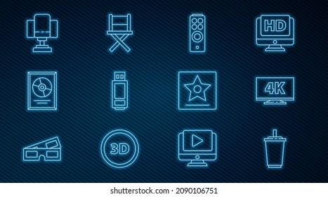 Set line Paper glass with water, Screen tv 4k, Remote control, USB flash drive, CD disk award in frame, Director movie chair, Hollywood walk of fame star and  icon. Vector svg