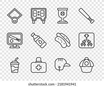 Set line Paper glass with water, Baseball cap, Award cup baseball, First aid kit, field, Bottle of, helmet and Championship tournament bracket icon. Vector