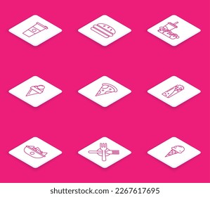 Set line Paper glass and water, Burger, with drinking straw hotdog, Ice cream waffle cone, Slice of pizza, Doner kebab, Nachos plate and Crossed fork icon. Vector