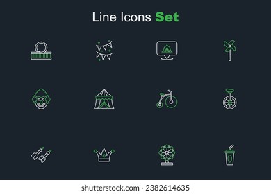 Set line Paper glass with water, Ferris wheel, Jester hat bells, Dart arrow, Unicycle, Vintage bicycle, Circus tent and Clown head icon. Vector