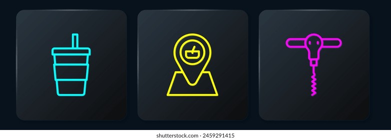 Set line Paper glass with water, Wine corkscrew and Picnic location. Black square button. Vector