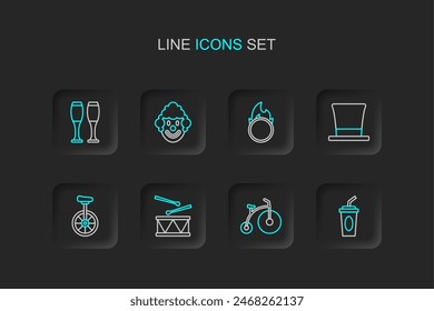 Set line Paper glass with water, Vintage bicycle, Drum drum sticks, Unicycle, Cylinder hat, Circus fire hoop, Clown head and Bowling pin icon. Vector