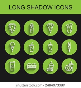 Set line Paper glass and water, Sandwich, with drinking straw burger, donut, Ice cream and  icon. Vector