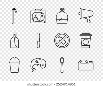 Set line Paper glass water, Canister for machine oil, Bottle of liquid soap, Environment protection whale dead, Drinking plastic straw, Disposable knife, spoon and  icon. Vector