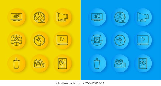 Set line Paper glass with water, Movie spotlight, CD or DVD disk, award in frame, Online play video, Screen tv 4k, Megaphone and Film reel icon. Vector