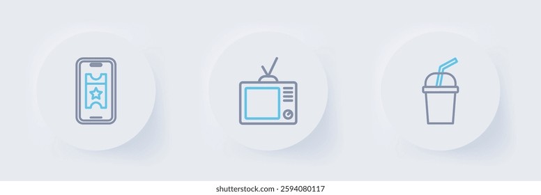 Set line Paper glass with water, Retro tv and Buy cinema ticket online icon. Vector