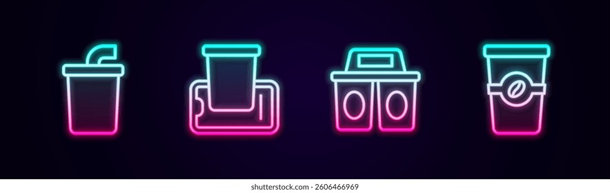 Set line Paper glass with water, Food ordering on mobile, Coffee cup to go and . Glowing neon icon. Vector