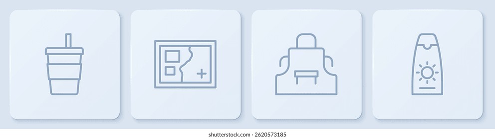 Set line Paper glass with water, Kitchen apron, Folded map and Sunscreen cream in tube. White square button. Vector