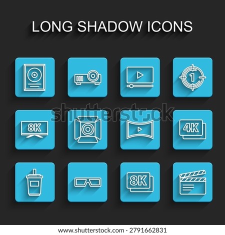 Set line Paper glass with water, 3D cinema glasses, CD disk award frame, 8k Ultra HD, Movie clapper, spotlight, 4k and Online play video icon. Vector