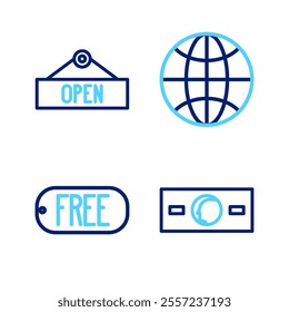 Set line Paper money cash, Price tag with text Free, Worldwide and Hanging sign Open icon. Vector