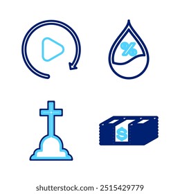 Set line Paper money dollars cash, Tombstone with cross, Water drop percentage and Video play button icon. Vector