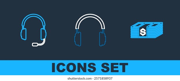 Set line Paper money dollars cash, Headphones with microphone and  icon. Vector