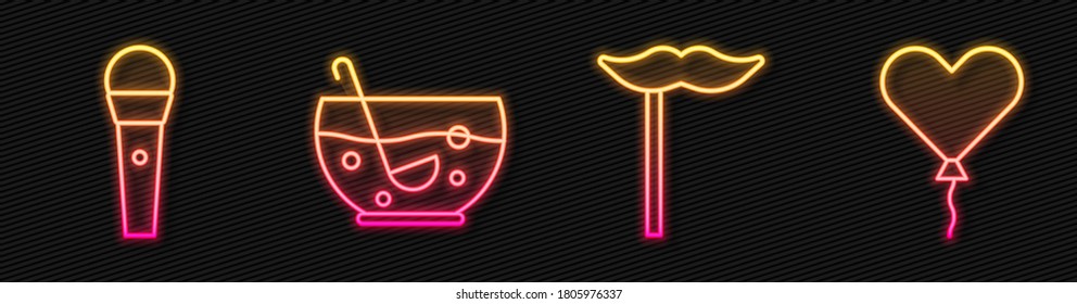 Set line Paper mustache on stick, Karaoke microphone, Mixed punch in bowl and Balloon in form of heart. Glowing neon icon. Vector