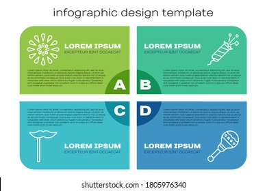 Set line Paper mustache on stick, Firework, Maracas and Firework rocket. Business infographic template. Vector
