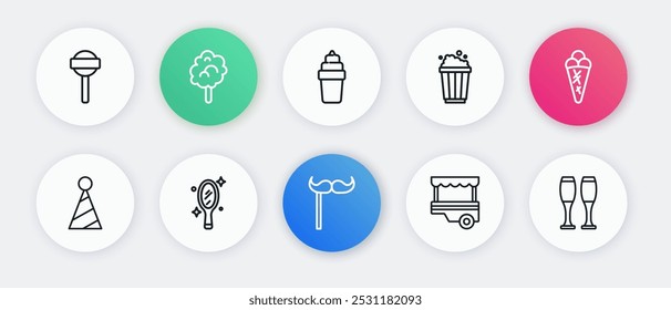 Set line Paper mustache on stick, Ice cream in waffle, Party hat, Fast street food cart, Popcorn cardboard box, Bowling pin and Magic hand mirror icon. Vector