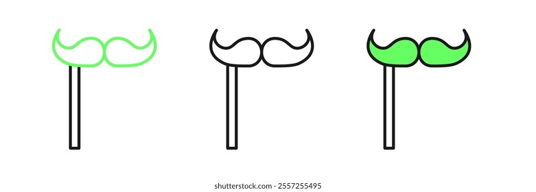 Set line Paper mustache on stick icon isolated on white background. Concept with cardboard carnival mask. Mask for a photo shoot.  Vector