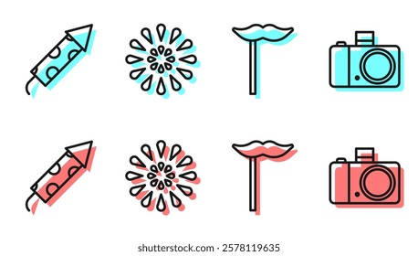 Set line Paper mustache on stick, Firework rocket, Firework and Photo camera icon. Vector