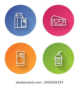 Set line Paper package for kefir, Cheese, Glass with milk and Milkshake. Color circle button. Vector