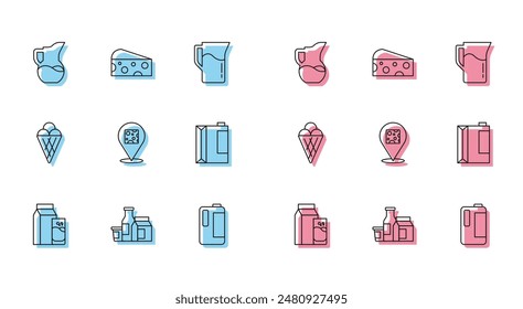 Set line Paper package for kefir, Milk product, jug pitcher, in plastic bottle, Cheese, Ice cream waffle cone and  icon. Vector