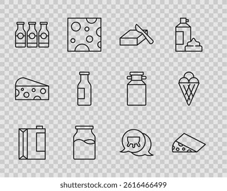 Set line Paper package for kefir, Cheese, Butter in butter dish, Bottle with milk, Udder and Ice cream waffle cone icon. Vector