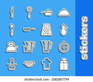 Set line Paper package for milk, Kitchen timer, Bottle of olive oil, Frying pan, Spoon, Knife and Grater icon. Vector